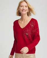 Floral Embellished Dolman V-Neck Pullover CARMINE RED - Chico's US