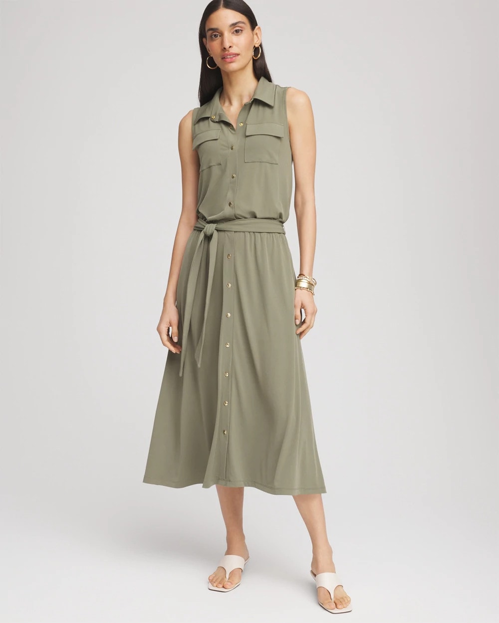 Petite Travelers™ Knit Sleeveless Shirtdress DUSTY OLIVE - Chico's sale