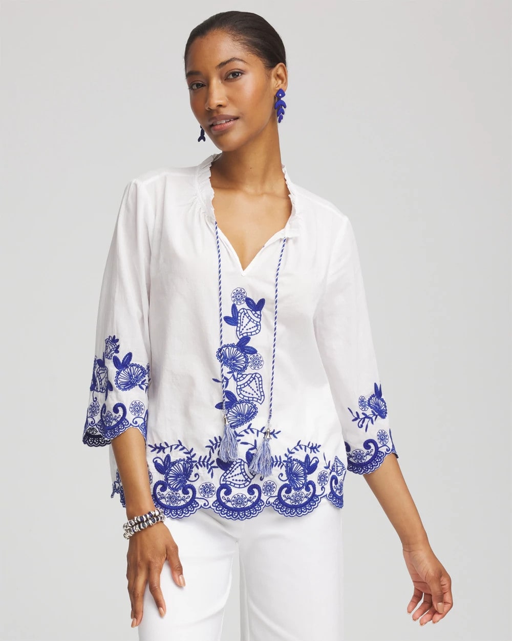 Embroidered Tassel Tie-Front Blouse RICH COBALT - Chico's online