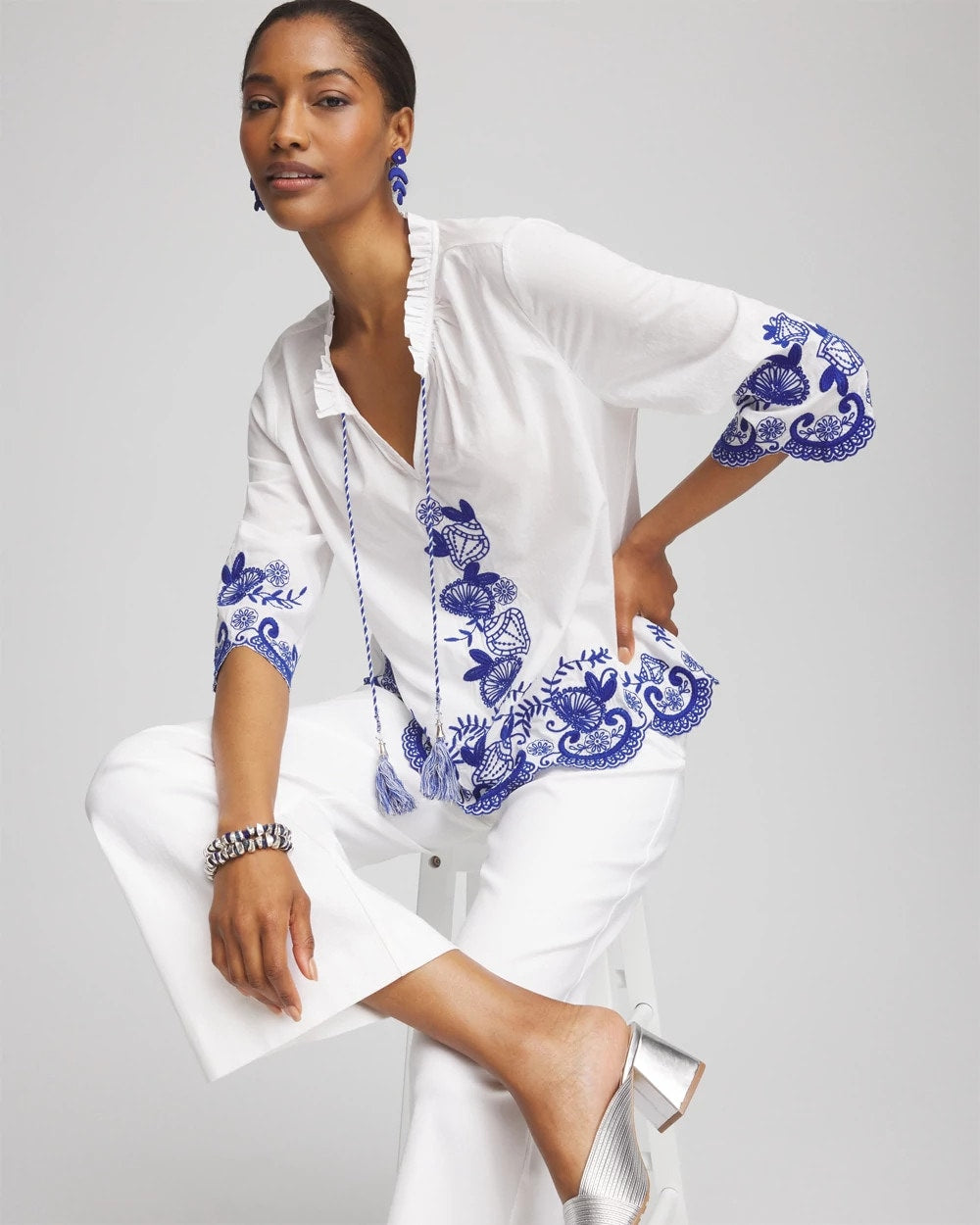 Embroidered Tassel Tie-Front Blouse RICH COBALT - Chico's online