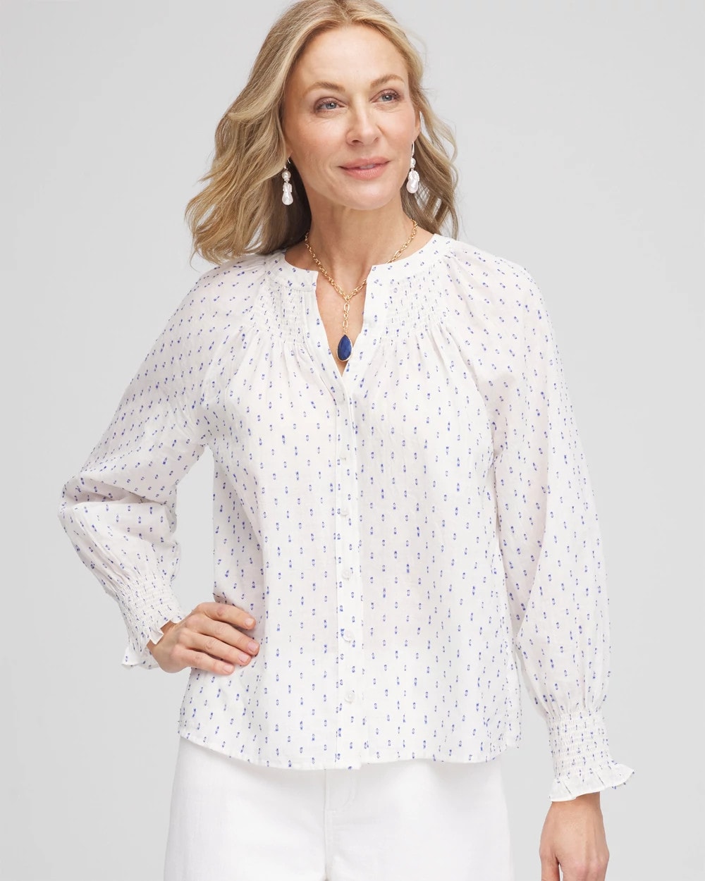 Smocked Split-neck Blouse BLUE CASA - Chico's outlet