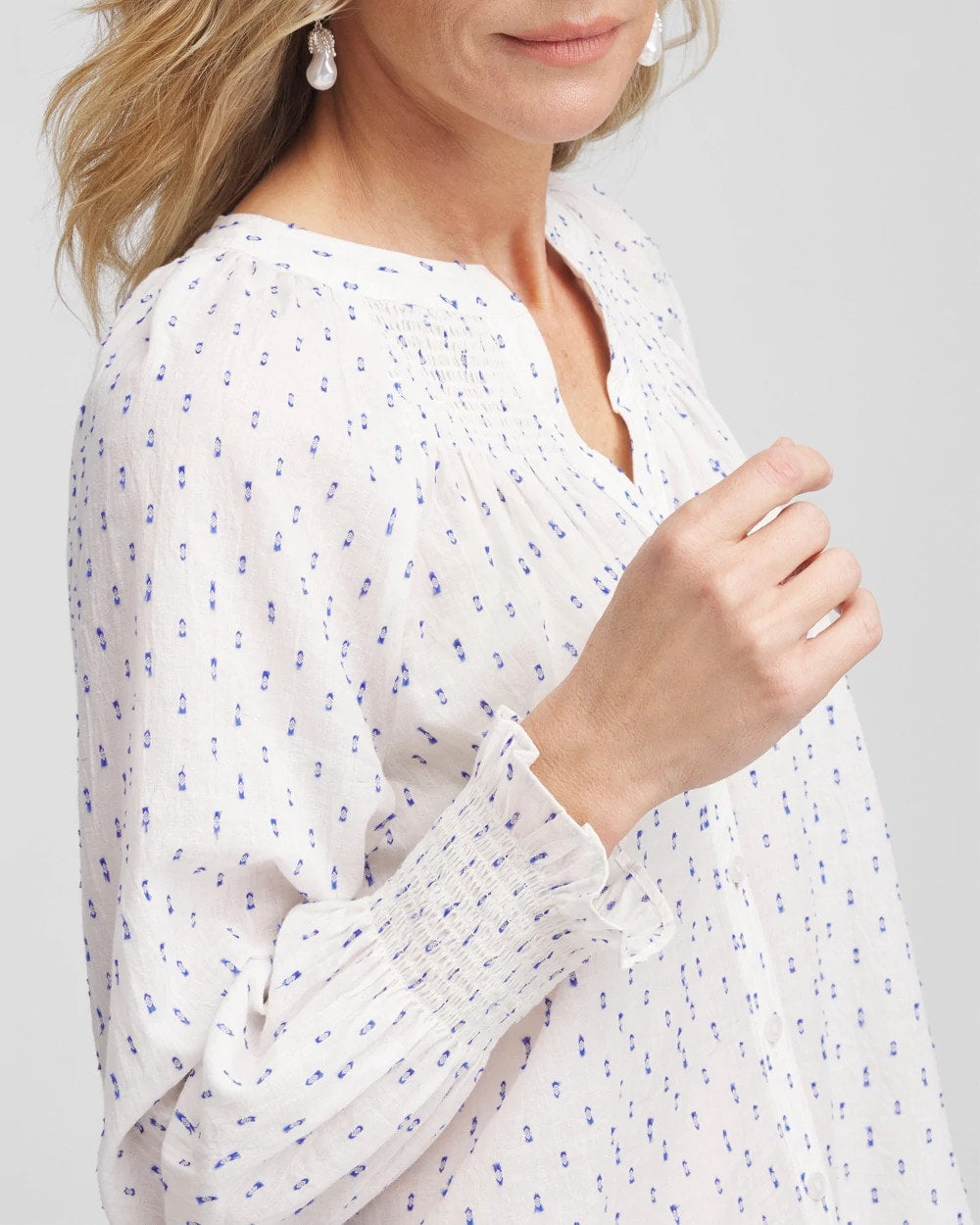 Smocked Split-neck Blouse BLUE CASA - Chico's outlet
