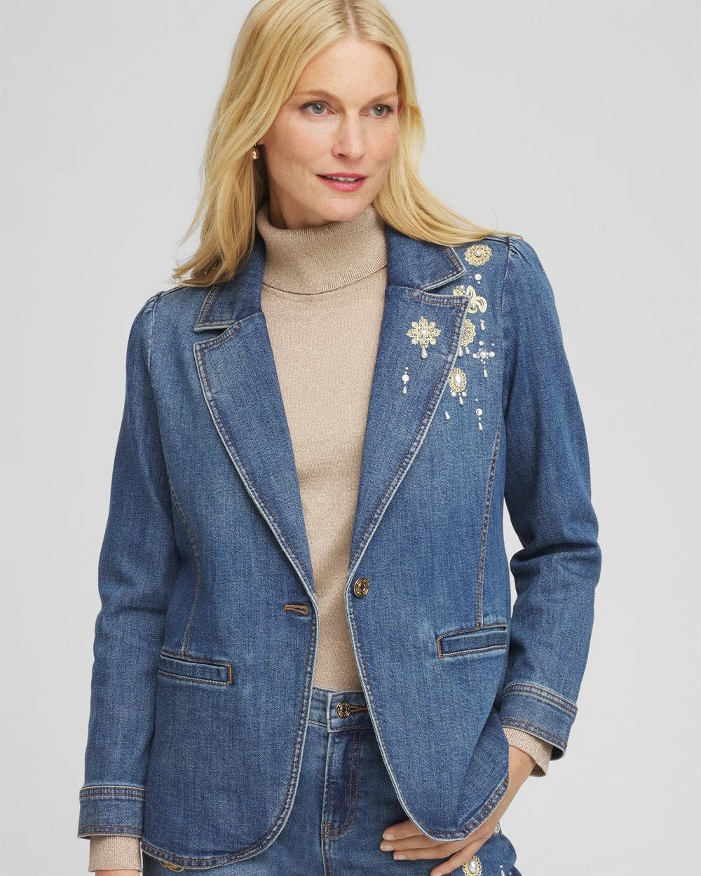 Pearl Brooch Denim Blazer KIRUNA INDIGO - Chico's for sale