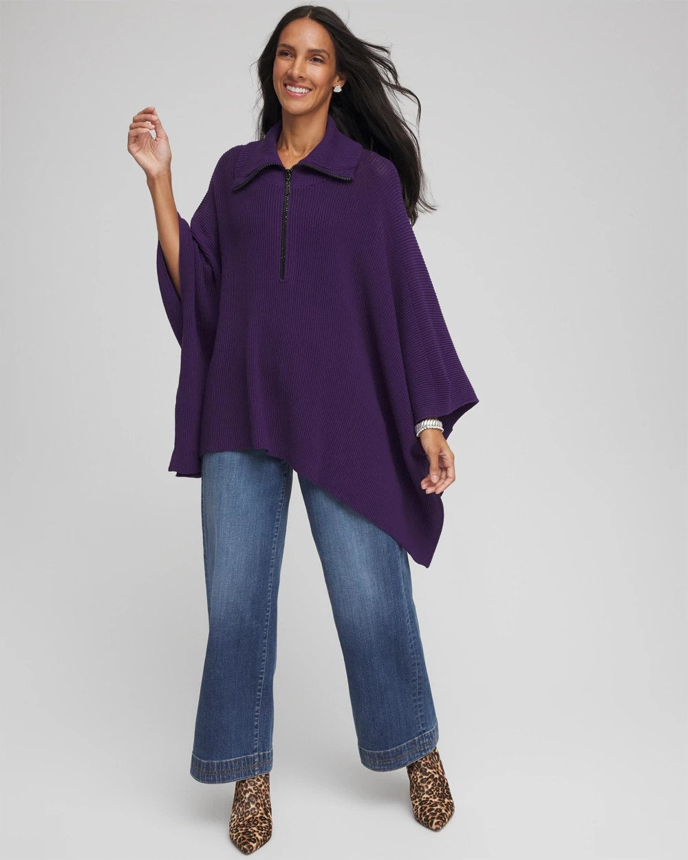 Rhinestone Zip-Collar Sweater Poncho PURPLE ELIXIR - Chico's online