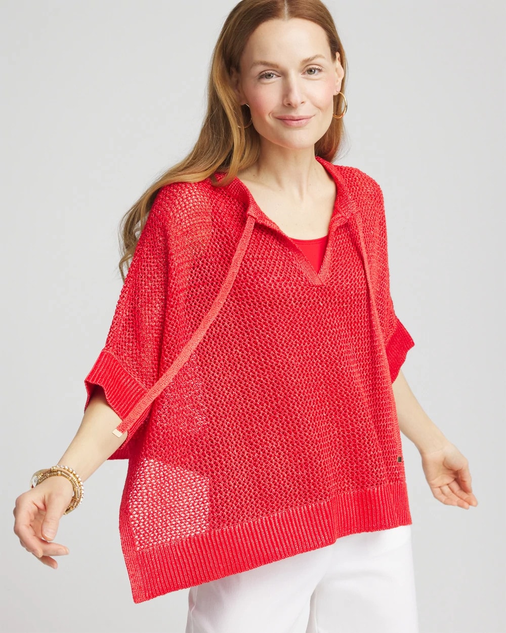Sequin Open Knit Poncho RED GLOW - Chico's online