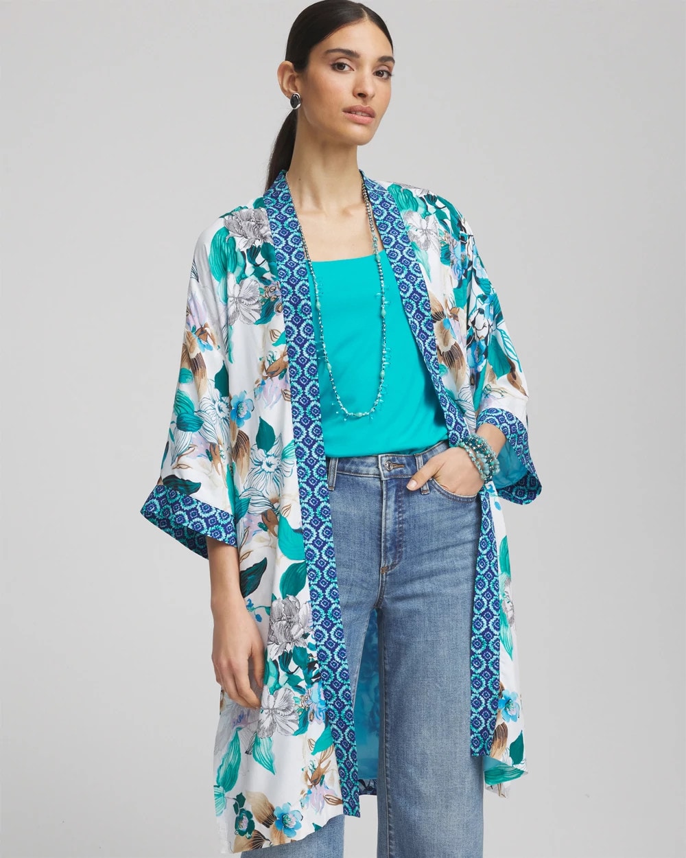 Island Motif Long Kimono TEAL WATERS - Chico's US