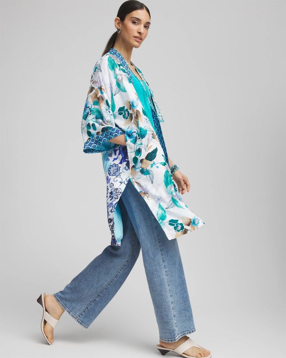 Island Motif Long Kimono TEAL WATERS - Chico's US