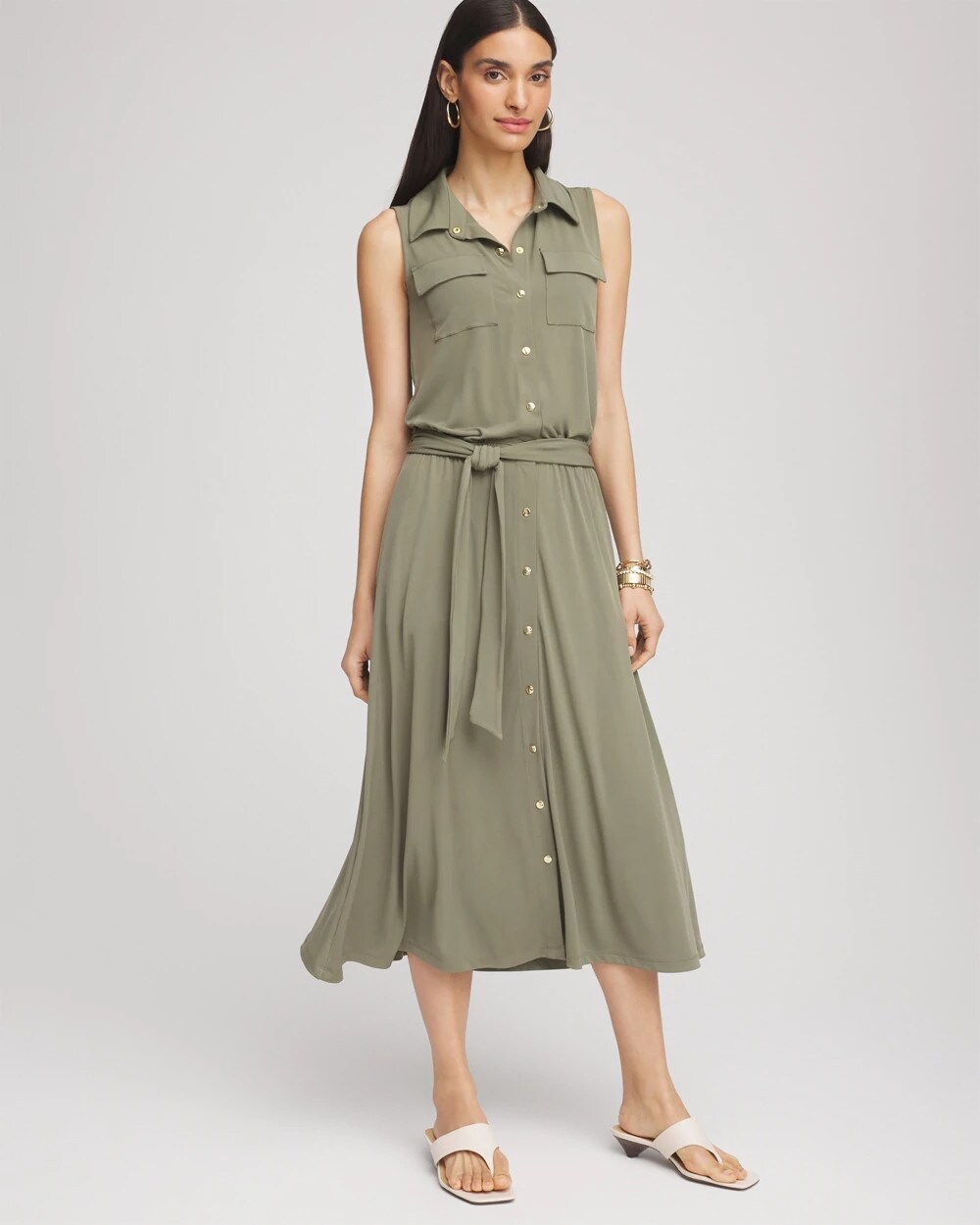 Petite Travelers™ Knit Sleeveless Shirtdress DUSTY OLIVE - Chico's sale