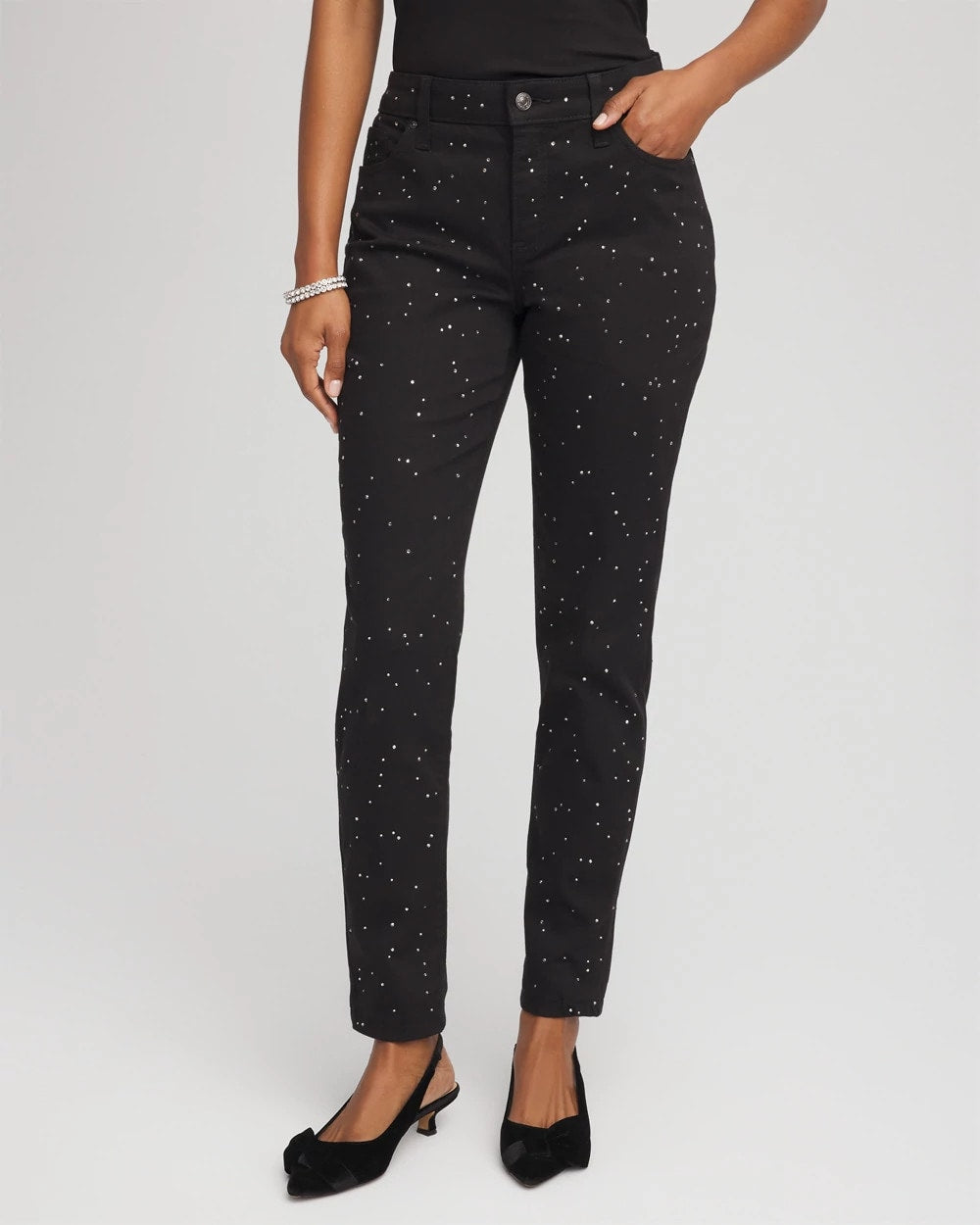 Stone Embellished Girlfriend Slim Ankle Jeans BLACK - Chico's US