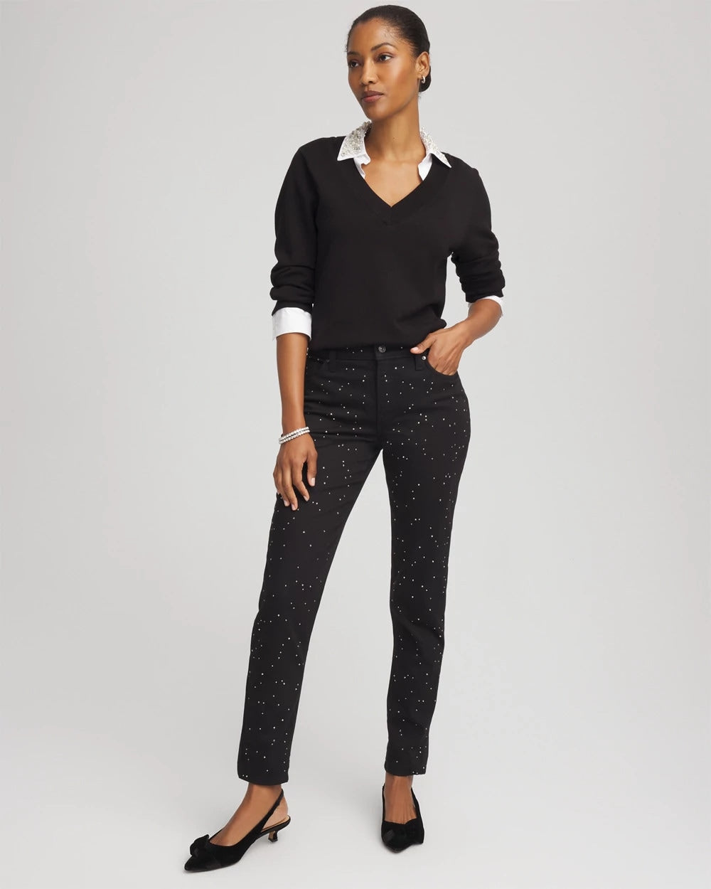 Stone Embellished Girlfriend Slim Ankle Jeans BLACK - Chico's US